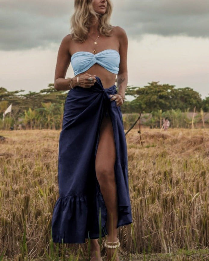 Calypso Silk Wrap Ruffle Maxi Skirt - Navy - AMARIS