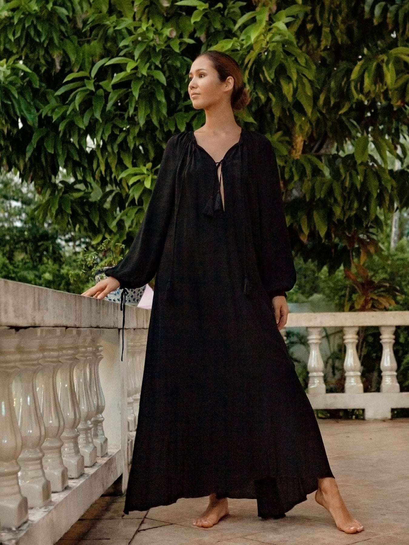 Calista Silk Caftan Maxi Dress - Black | Hand-Crafted Silk Crepe