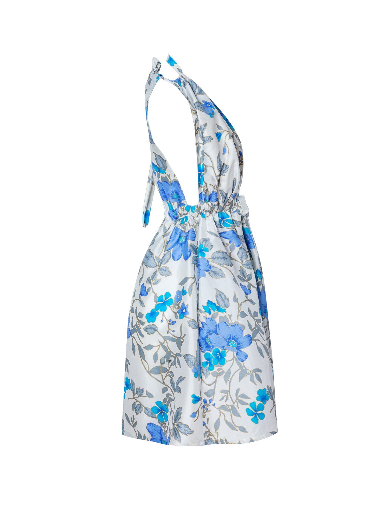 Pheme Halter Silk Mini Dress - Blue Floral | Limited-Edition Thai Silk Made in Bali