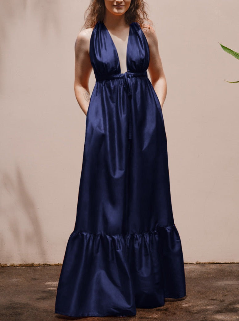 فستان طويل من الحرير التايلاندي من Aphaea - أزرق داكن 