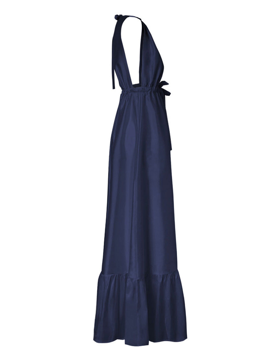 فستان طويل من الحرير التايلاندي من Aphaea - أزرق داكن 