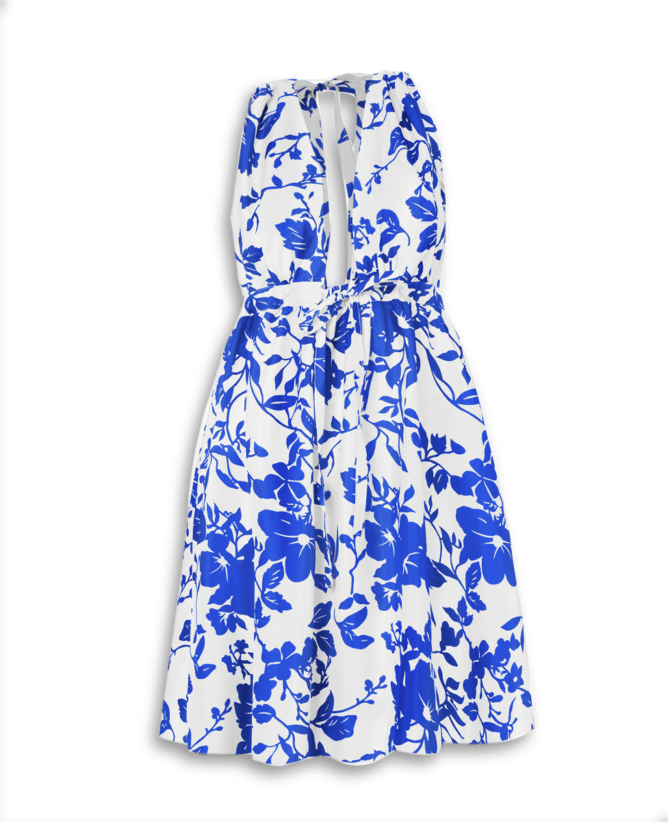 فستان من قماش التفتا الحريري التايلندي مطبوع من Pheme - زهور الكوبالت 