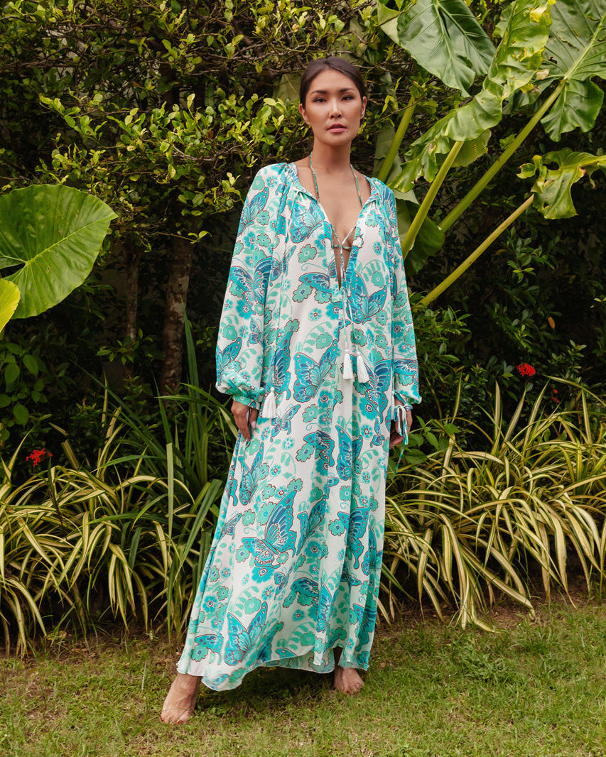 Calista Printed Crepe de Chine Silk Maxi Dress - Turquoise Butterfly - AMARIS