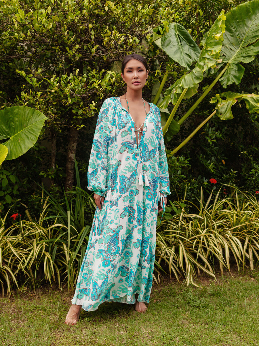 Calista Printed Crepe de Chine Silk Maxi Dress - Turquoise Butterfly - AMARIS