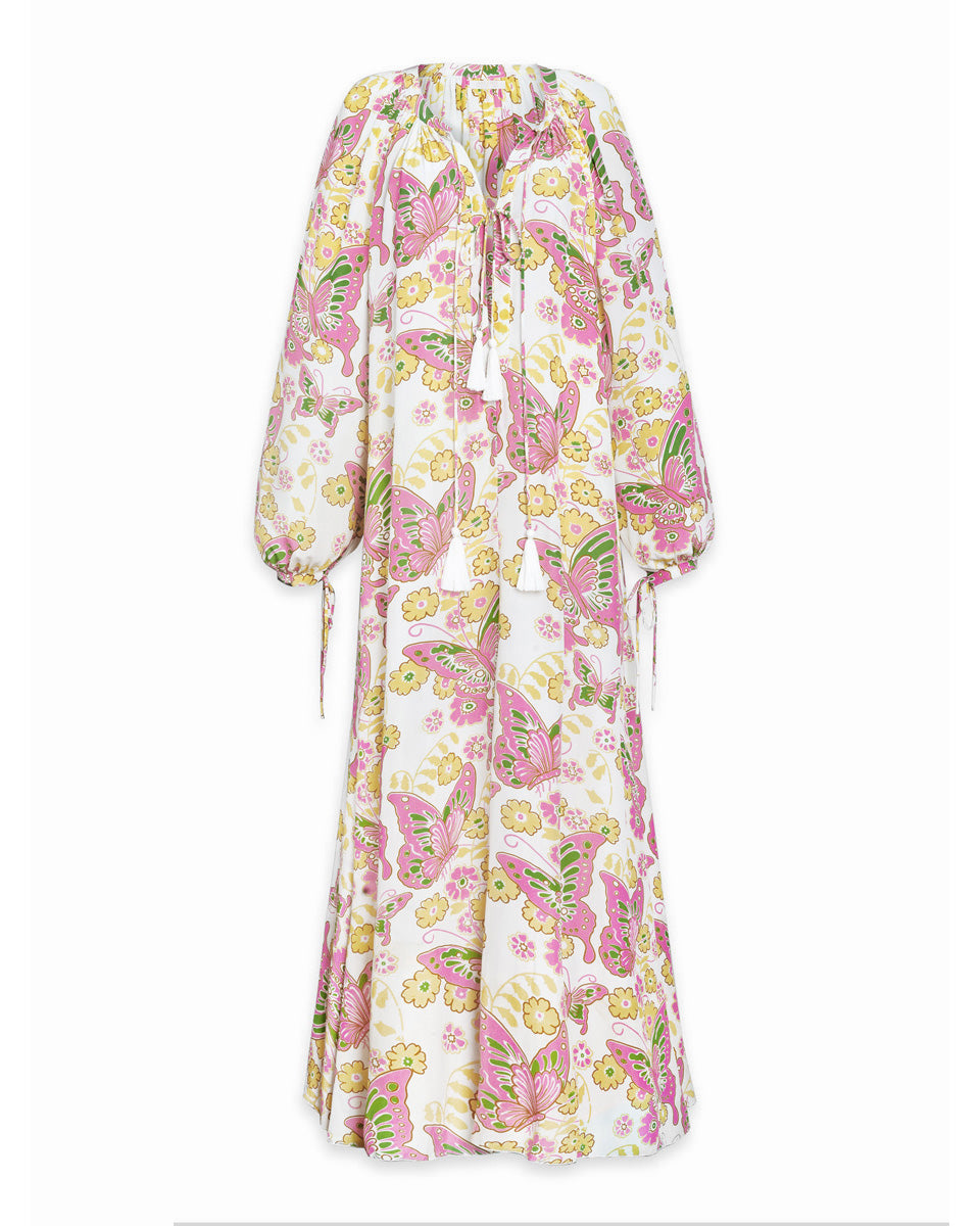 Calista Printed Crepe de Chine Silk Maxi Dress - Pink Butterfly - AMARIS