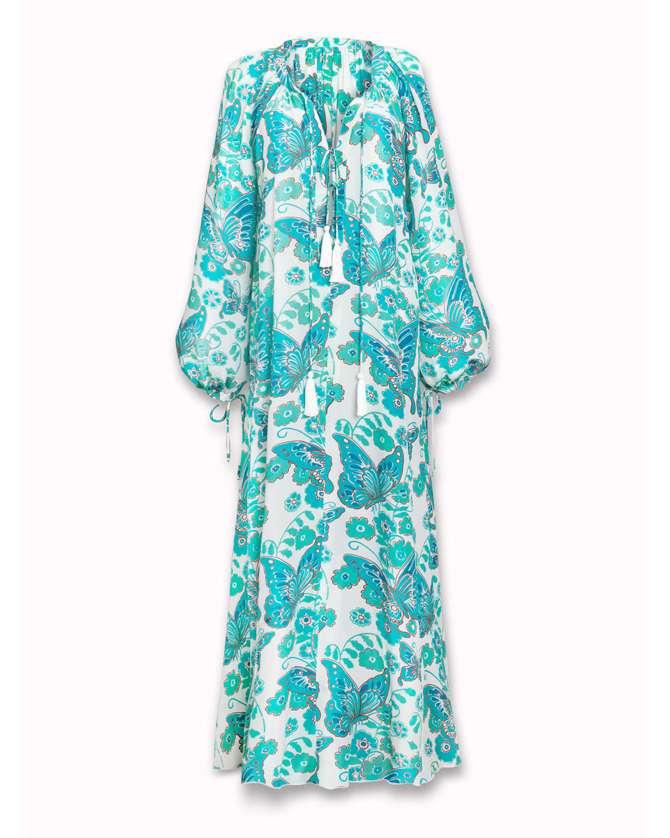 Calista Printed Crepe de Chine Silk Maxi Dress - Turquoise Butterfly - AMARIS