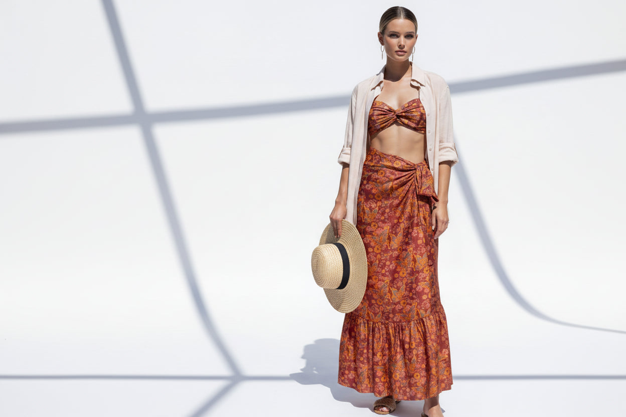 Ruffle pareo in silk. Woman wearing a floral dress holding a hat against a white background