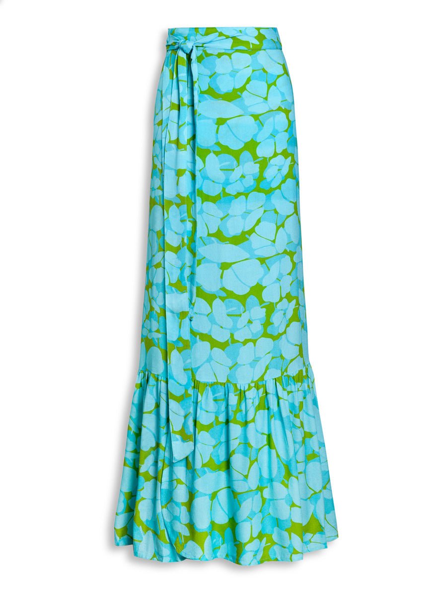 Aura Printed Gauze Ruffle Wrap Pareo Maxi Skirt - Turquoise Poppy - AMARIS