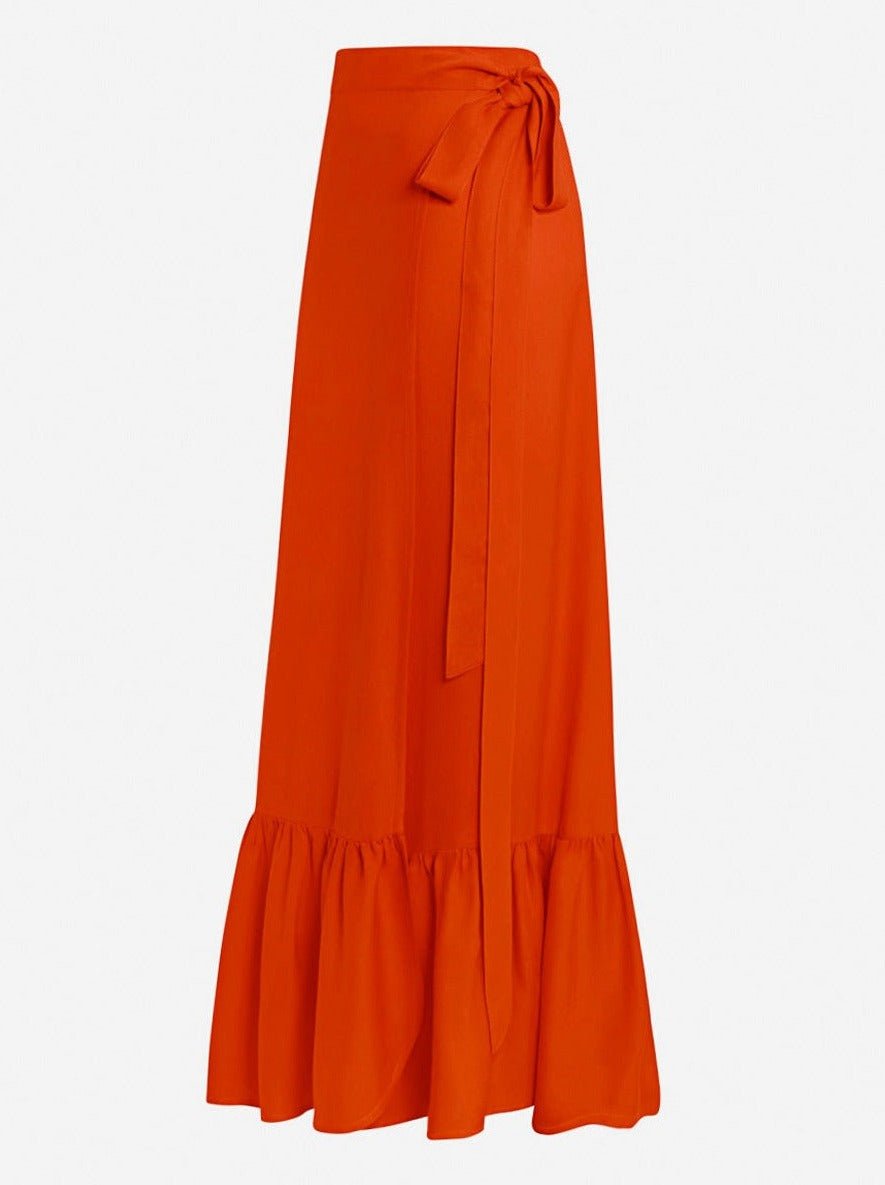 Aura Ruffle Pareo Wrap Maxi Skirt in Bamboo Crepe - Tomato Red - AMARIS
