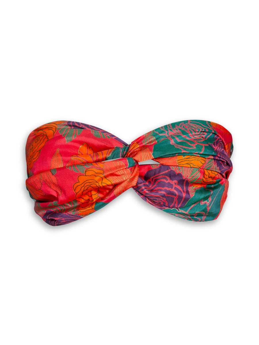 Bia Printed Twist Silk Bandeau Top - Caribe Rose - AMARIS