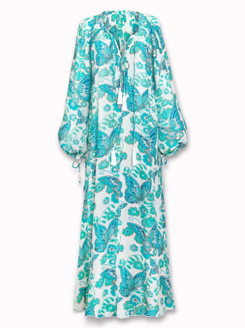 Calista Printed Crepe de Chine Silk Maxi Dress - Turquoise Butterfly - AMARIS