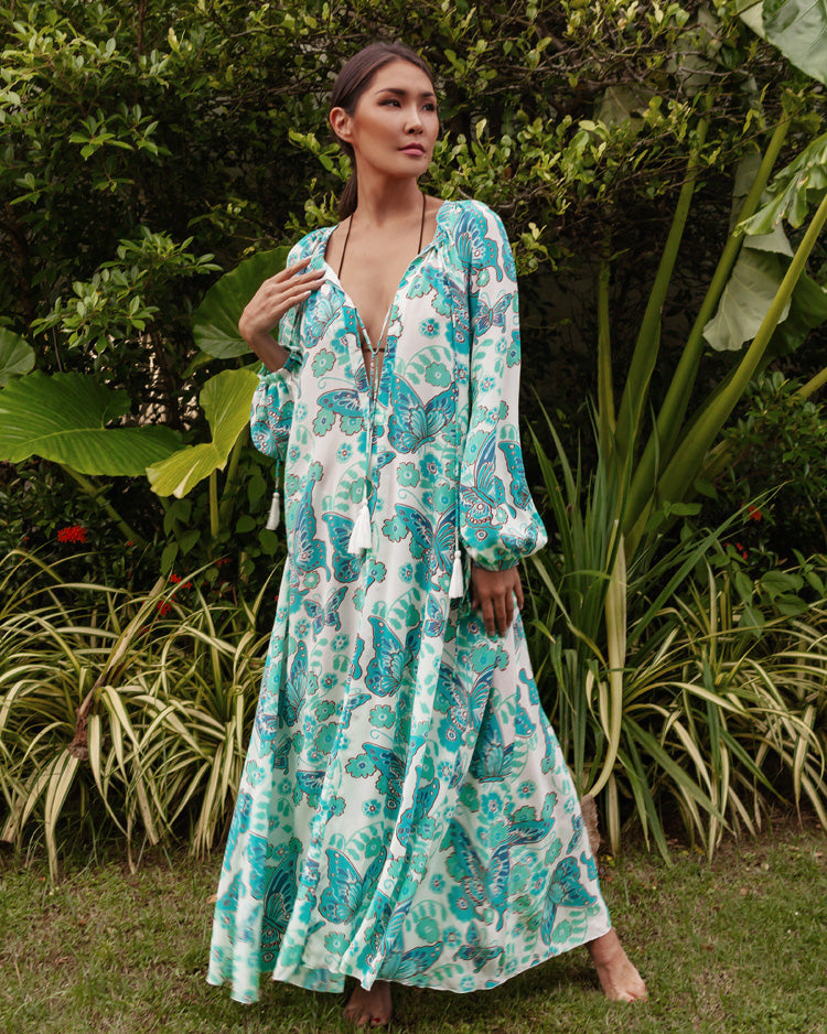 Calista Printed Crepe de Chine Silk Maxi Dress - Turquoise Butterfly - AMARIS