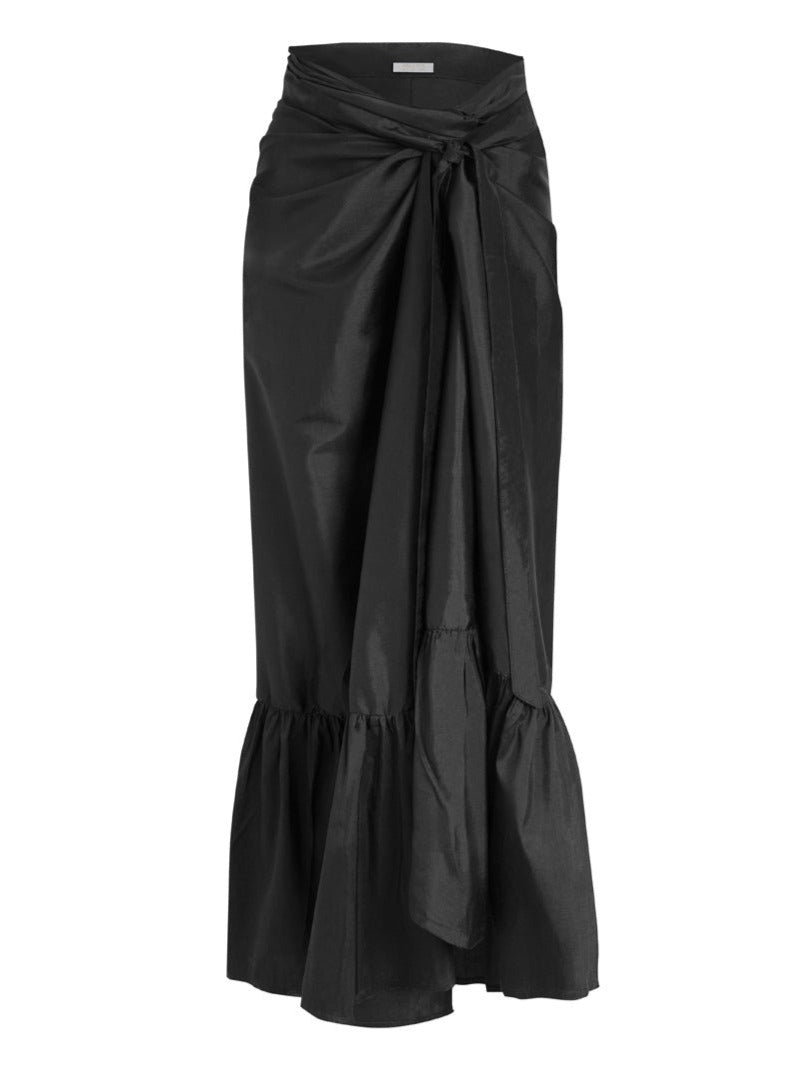 Calypso Thai Silk Taffeta Ruffle Wrap Skirt - Black - AMARIS