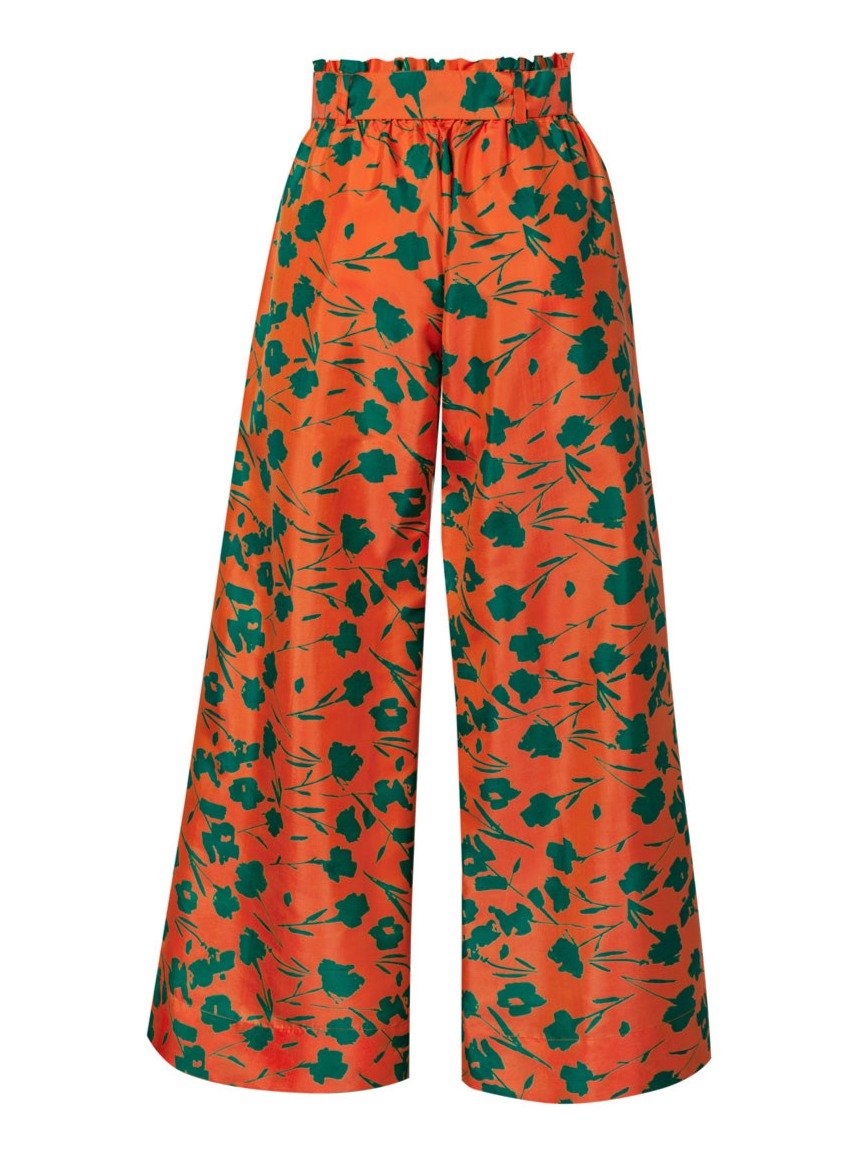 Paloma Floral Print Belted Silk Palazzo Pant - Orange/Green Floral - AMARIS