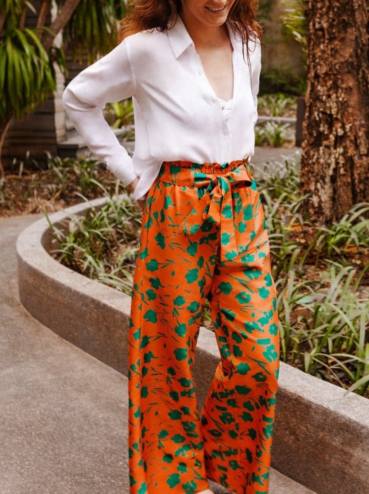 Paloma Floral Print Belted Silk Palazzo Pant - Orange/Green Floral - AMARIS