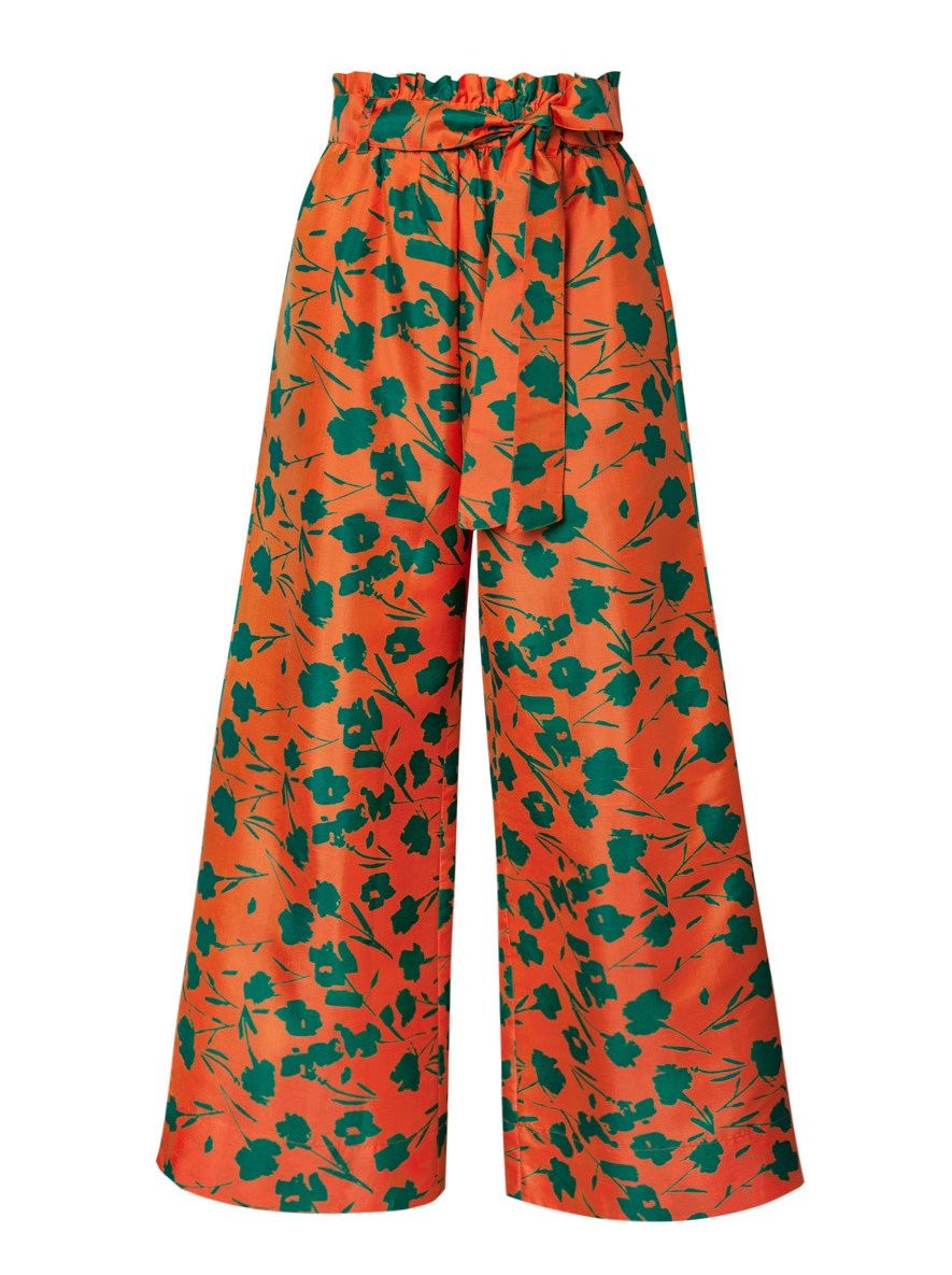 Paloma Floral Print Belted Silk Palazzo Pant - Orange/Green Floral - AMARIS