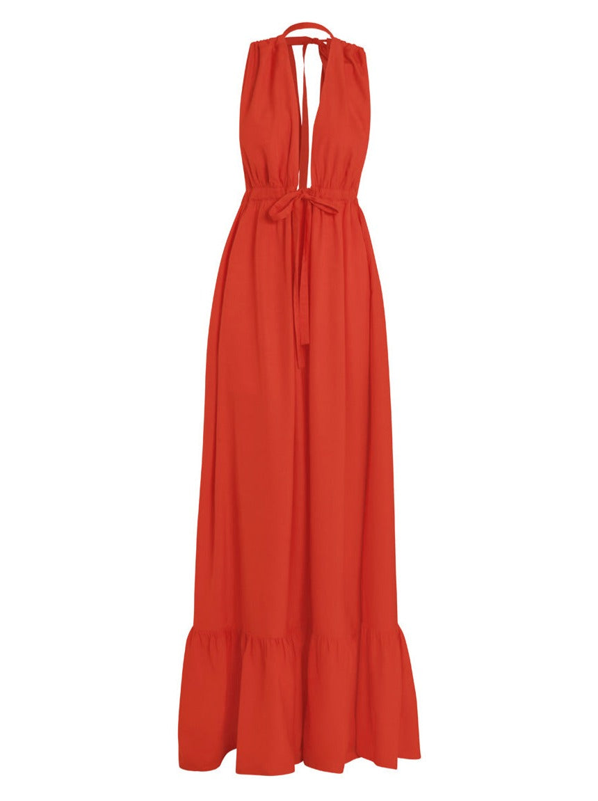 فستان أورورا بوبلين طويل بأربطة - أحمر طماطم 