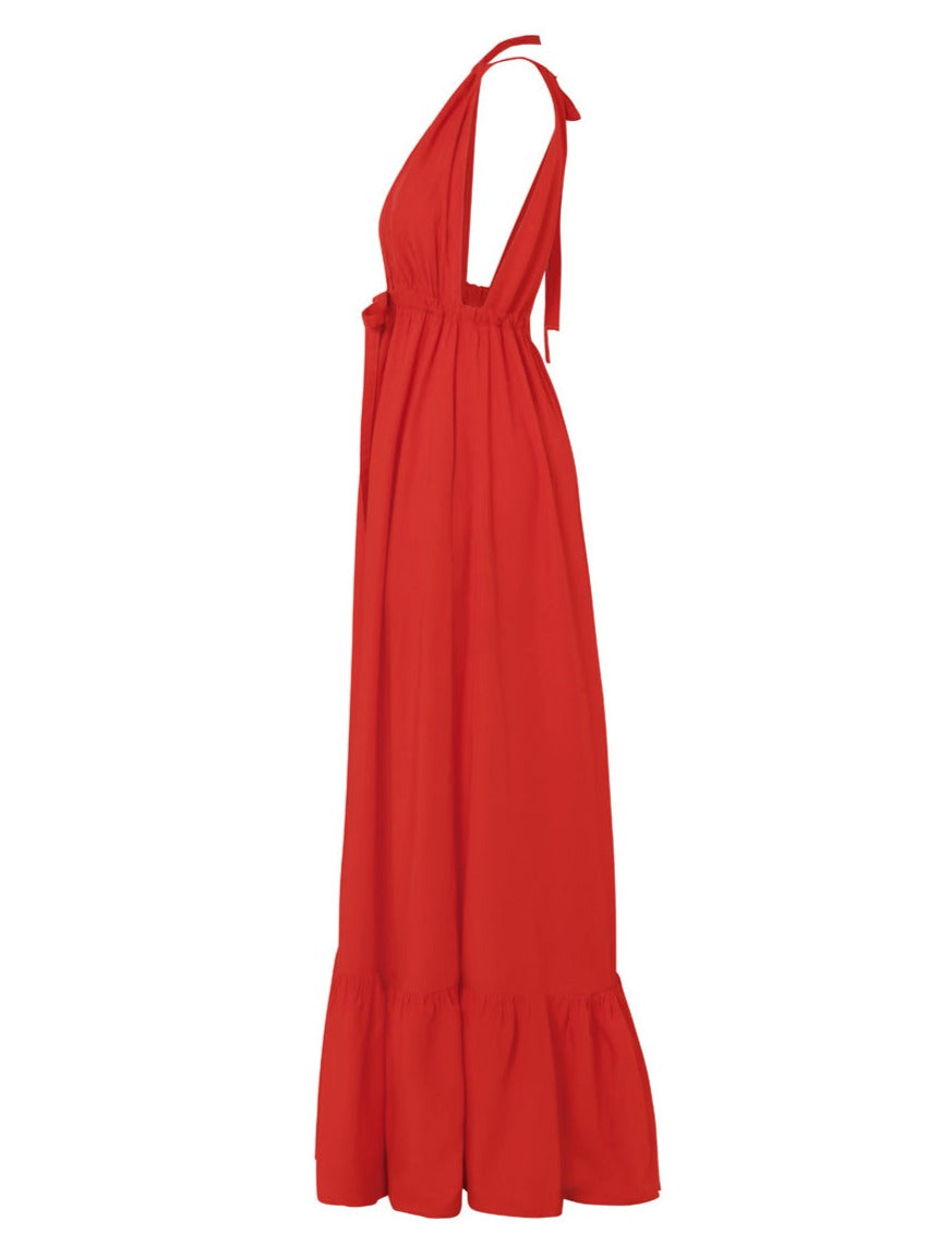 فستان أورورا بوبلين طويل بأربطة - أحمر طماطم 