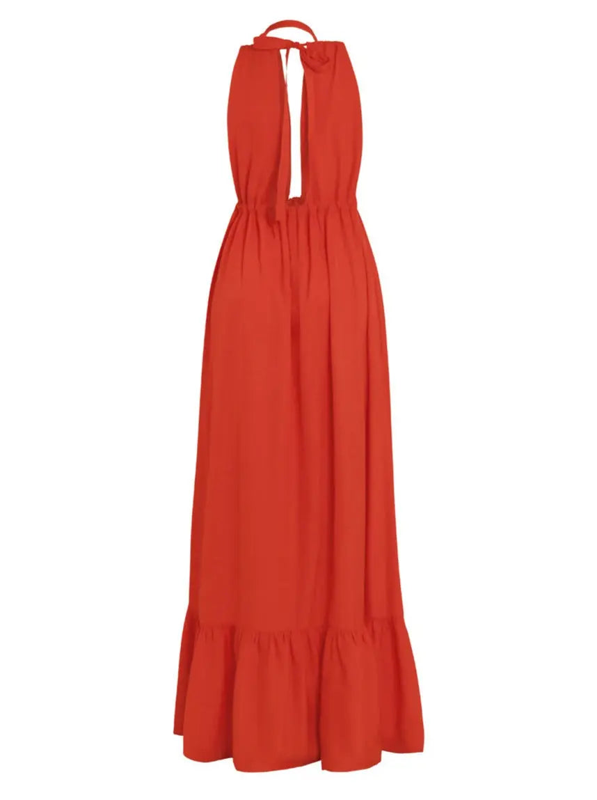 Aurora Bamboo Poplin Halter Maxi Dress - Tomato Red