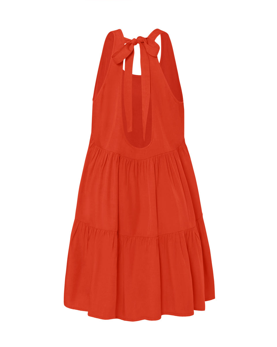 فستان كليو بامبو بوبلين قصير برباط خلفي - أحمر طماطم
