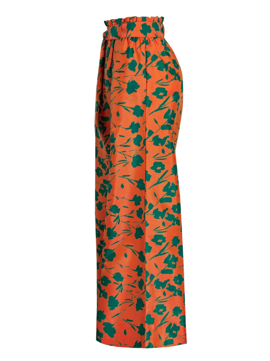 بنطلون Palazzo من الحرير التايلاندي بحزام من Paloma - برتقالي/أخضر زهري