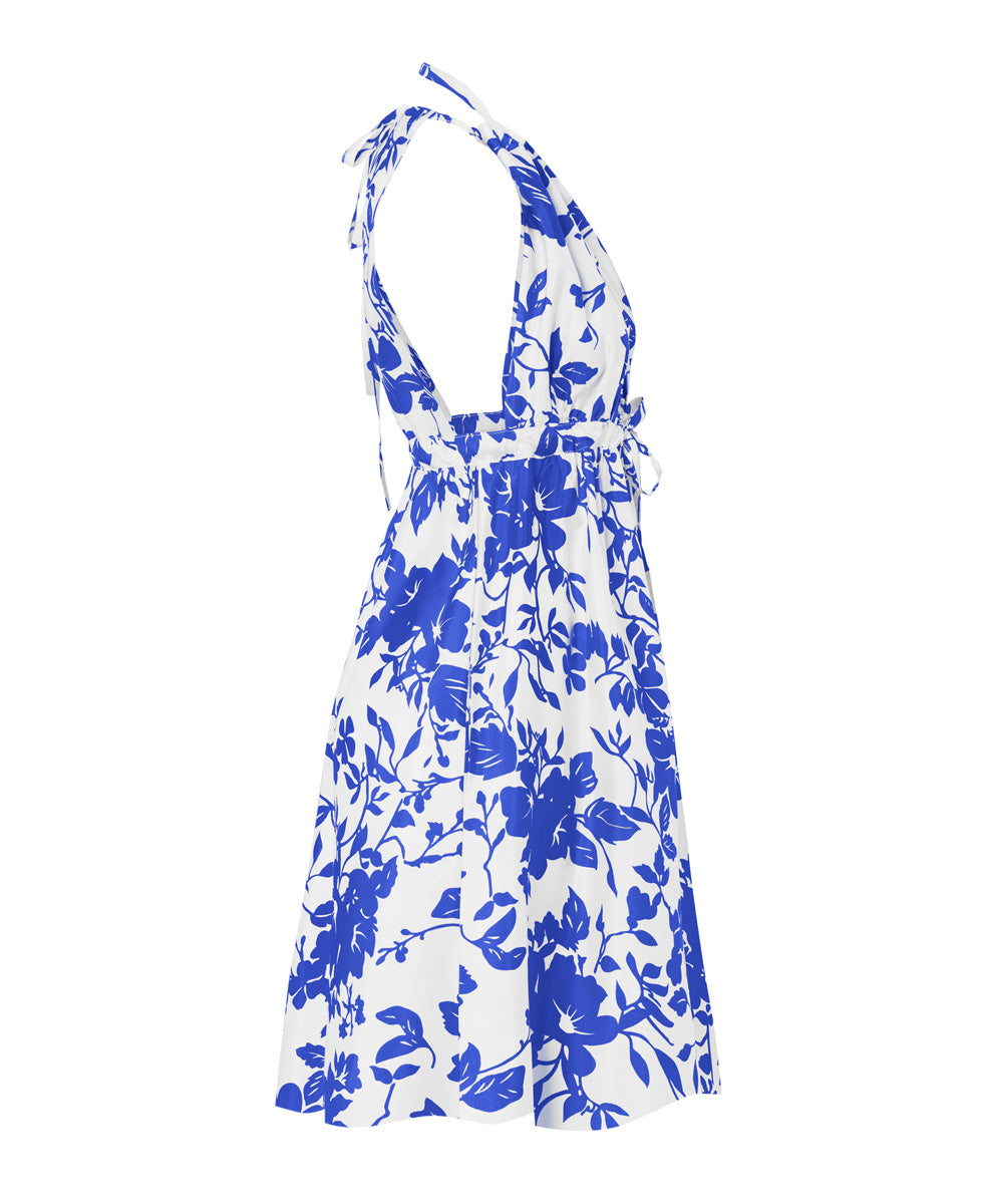 فستان من قماش التفتا الحريري التايلندي مطبوع من Pheme - زهور الكوبالت 