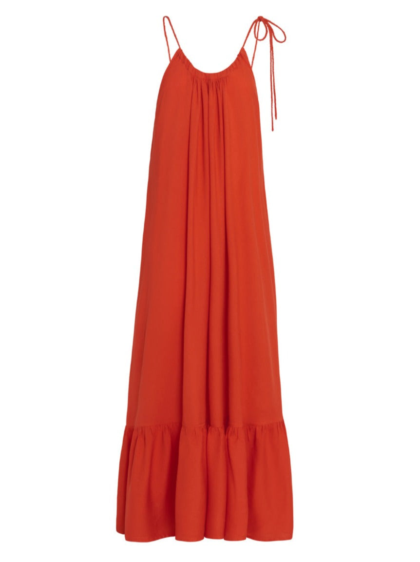 فستان ثاليا بامبو طويل بكشكشة - أحمر طماطم