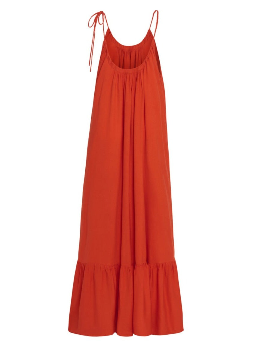 فستان ثاليا بامبو طويل بكشكشة - أحمر طماطم